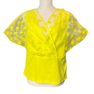 Item # A088 -  FT INC  Vintage Yellow Polka Dot Mesh Overlay Top  V-Neck NWT L